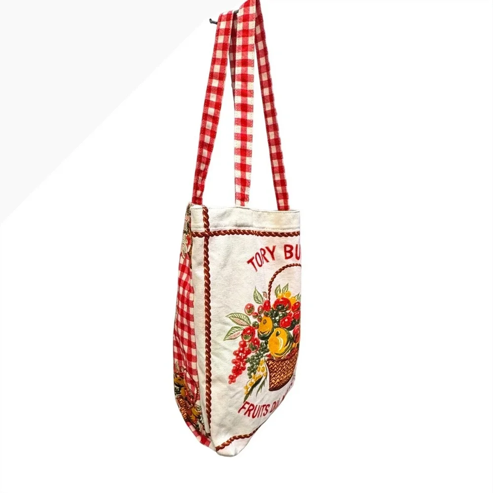 Tory Burch Fruits Du Marche Canvas Tote Bag Red Gingham French Market Bag